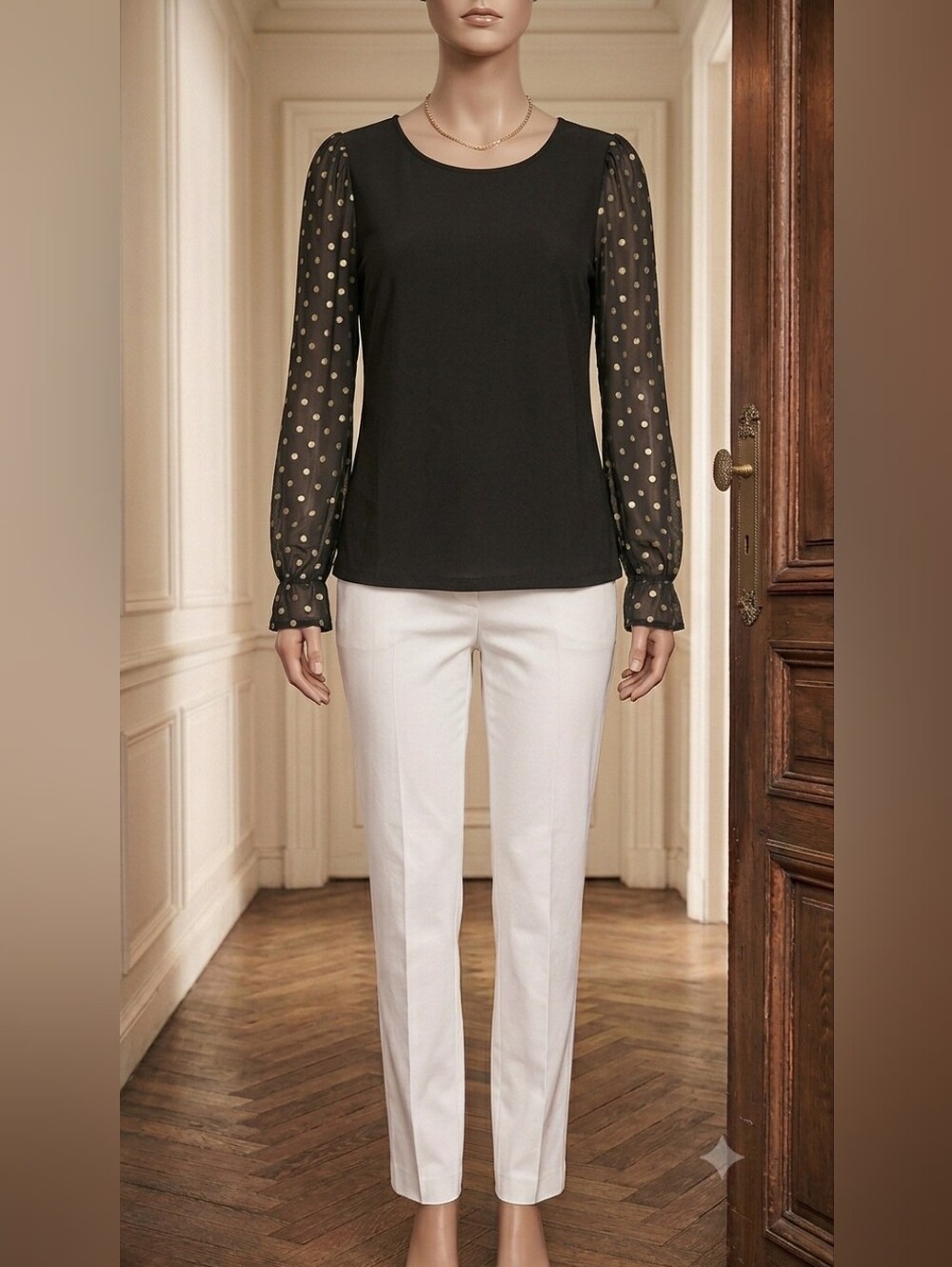 Madison Blouse With Sheer Gold Polka Dots Sleeves Medium